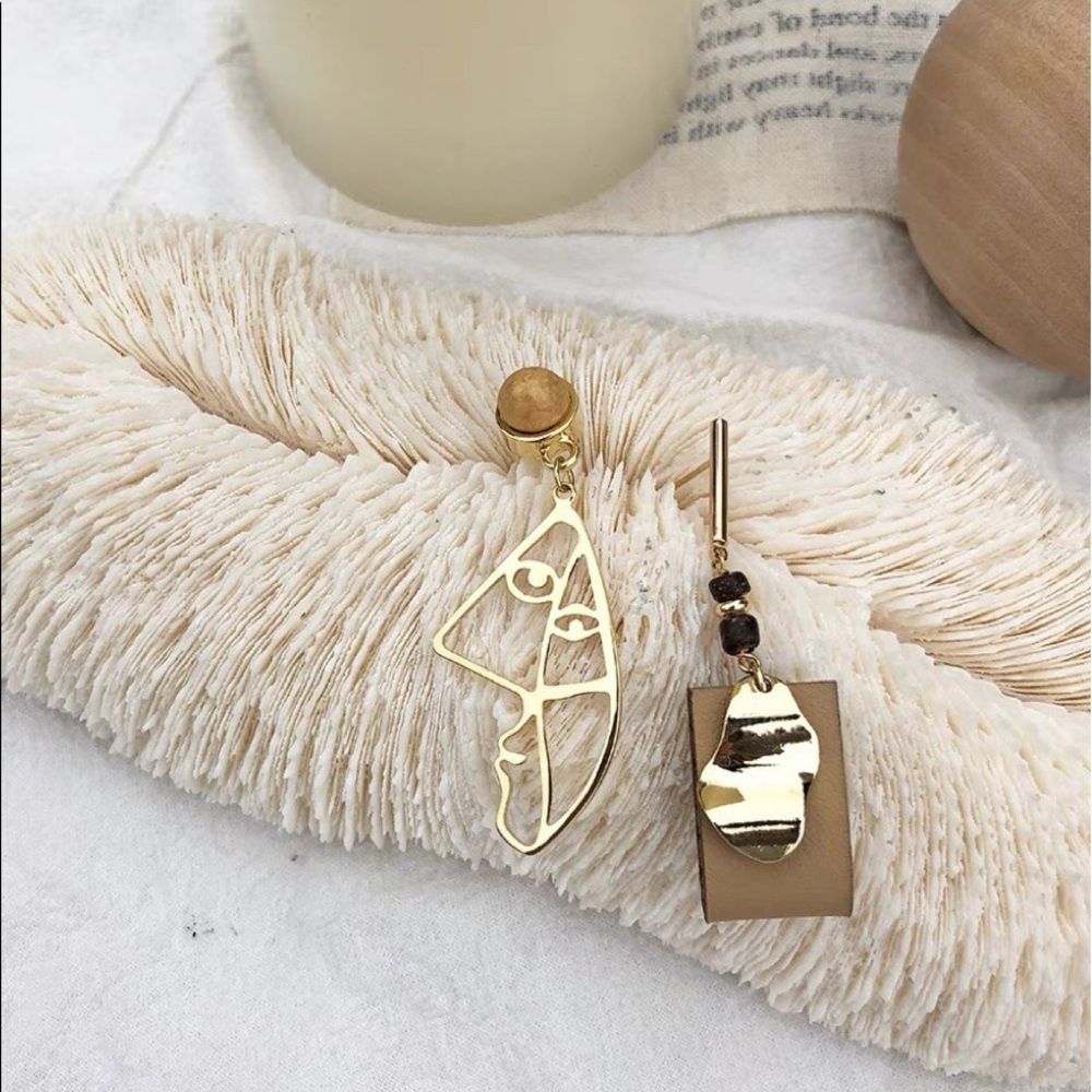 Picasso Earrings Face Earrings Bohemian Gold Earrings Wood Abstract Mismatched
